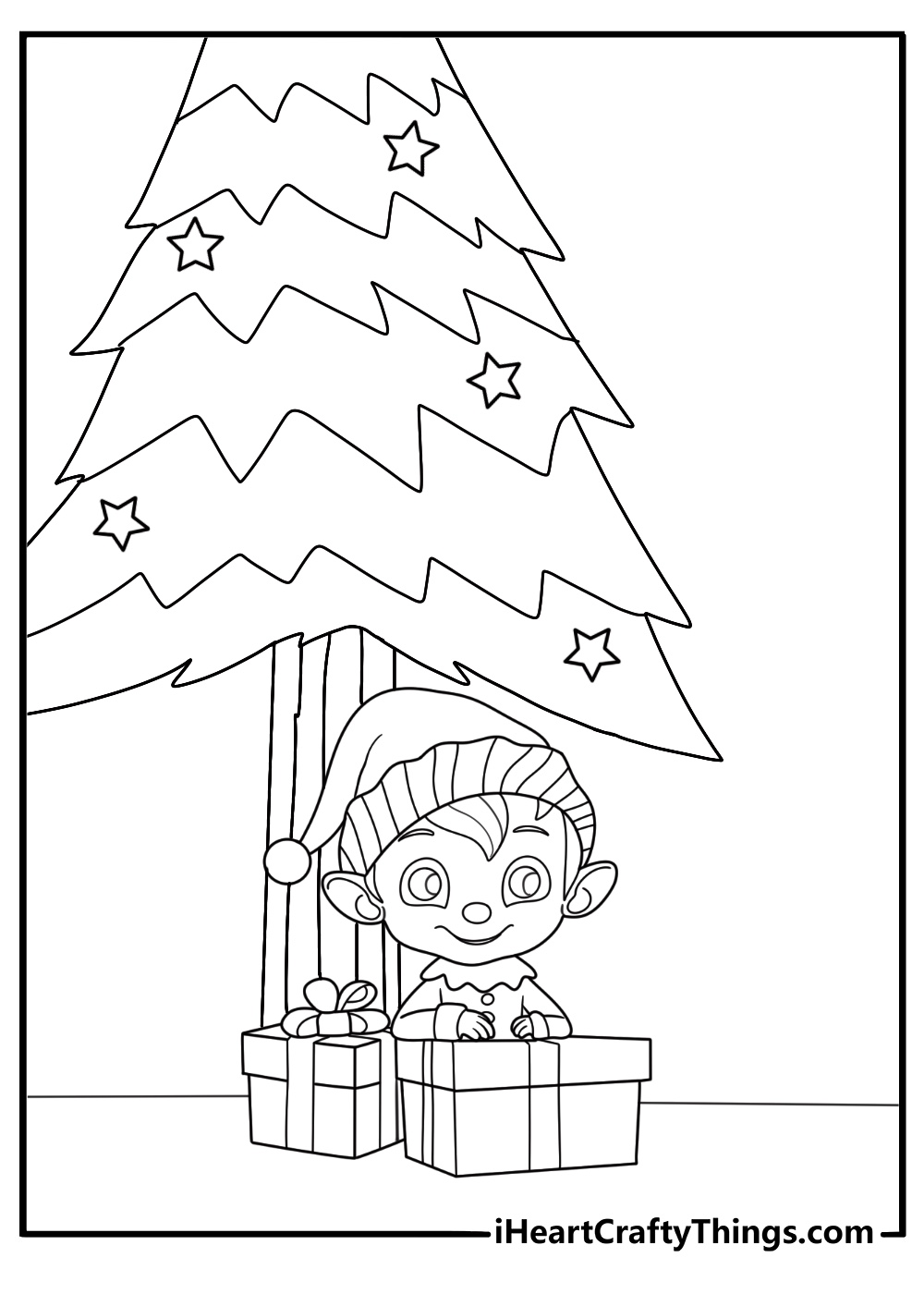 Cartoon elf wrapping a present with ribbon easy Christmas coloring sheet for kids