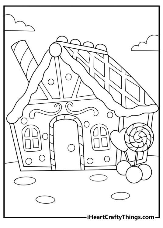 Cartoon gingerbread house with candy roof Christmas coloring page for kids
