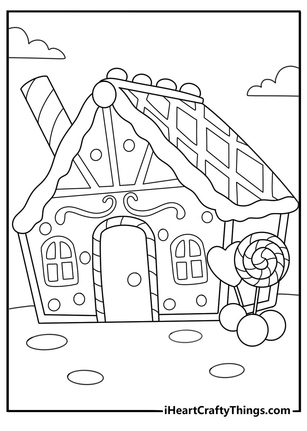 Cartoon gingerbread house with candy roof Christmas coloring page for kids