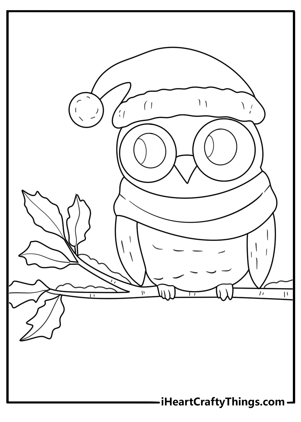Cartoon owl with Santa hat on snowy branch Christmas coloring page