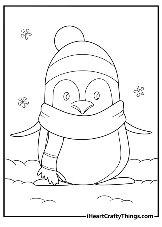 Cartoon penguin wearing Santa hat Christmas coloring sheet for kids