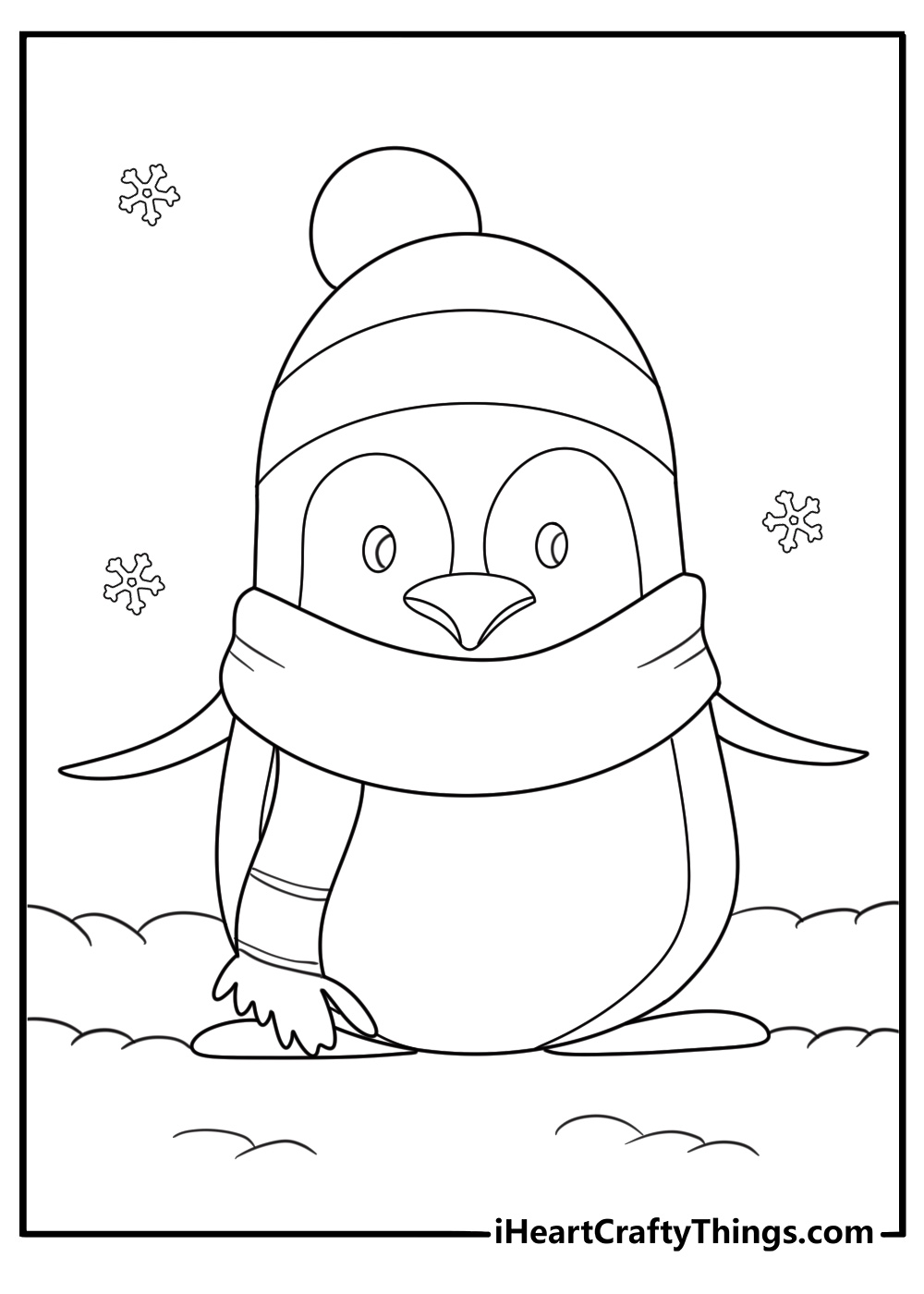 Cartoon penguin wearing Santa hat Christmas coloring sheet for kids