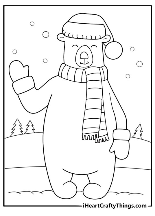 Cartoon polar bear with scarf in snow Christmas coloring sheet