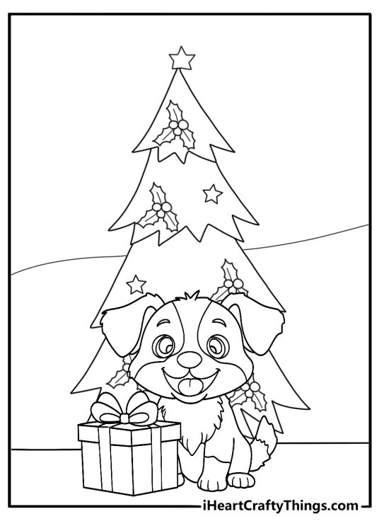 Cartoon puppy with gift box under Christmas tree coloring page