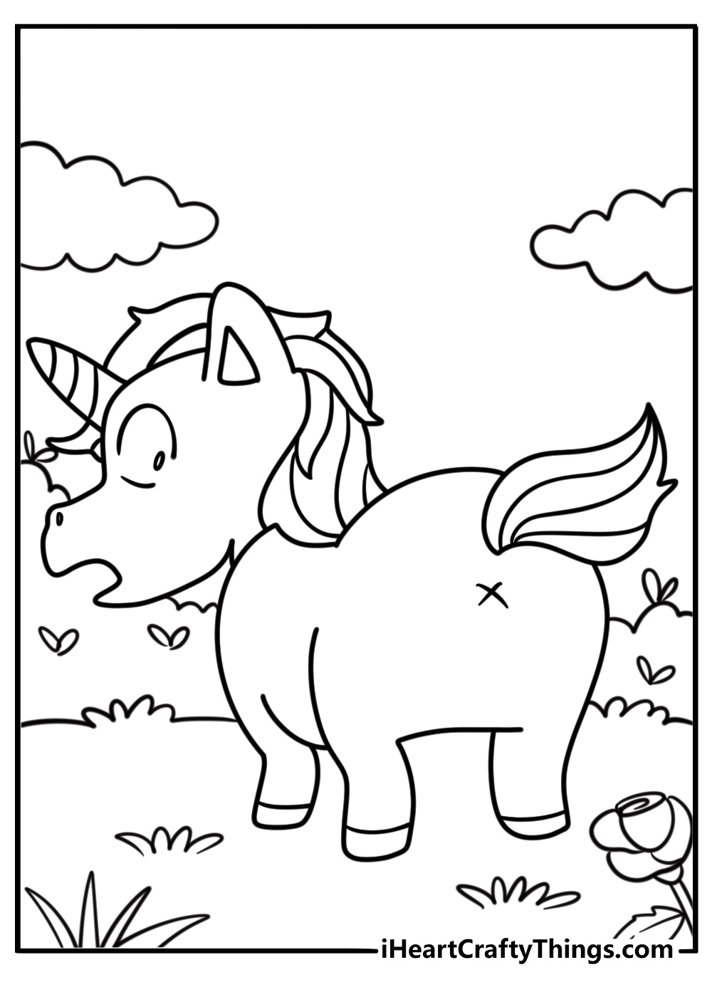 Cartoon unicorn coloring page with exaggerated features