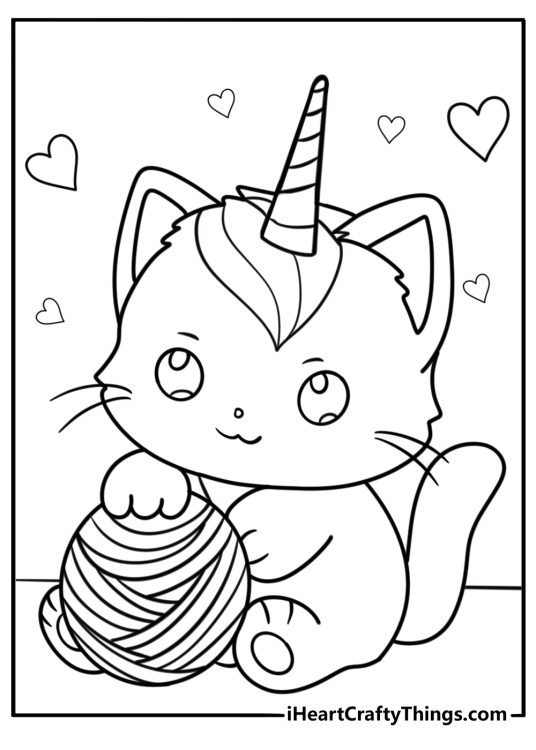 Cat unicorn coloring page snuggling a ball of yarn