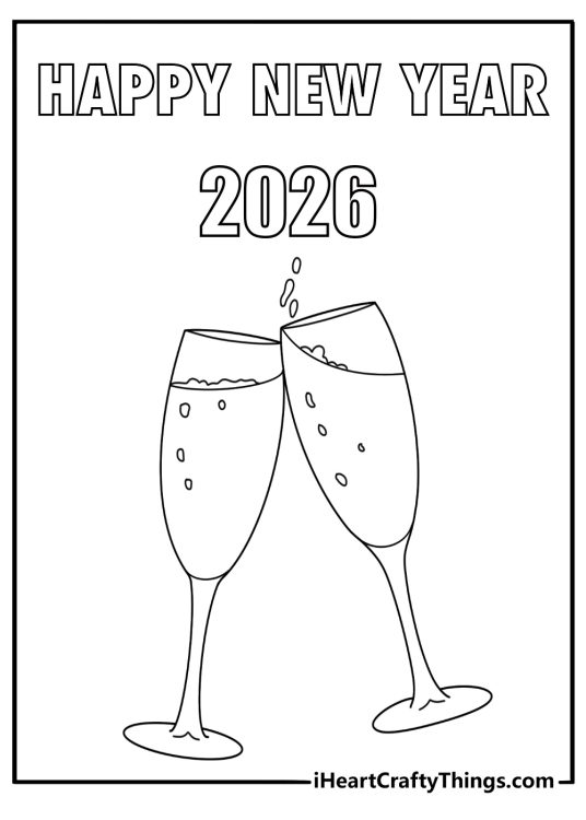 Cheers to 2026 with champagne glasses fun coloring sheet