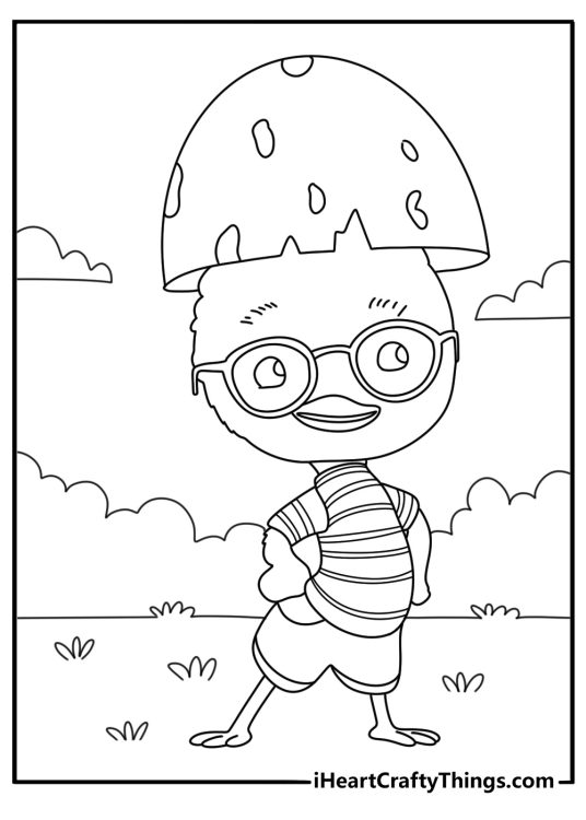 Chicken Little coloring page with tiny bird wearing cracked eggshell hat