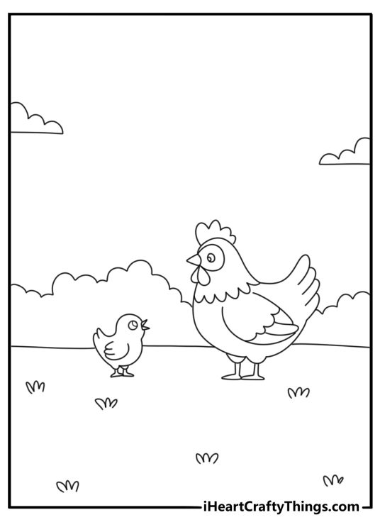 Chicken and chicks together coloring page
