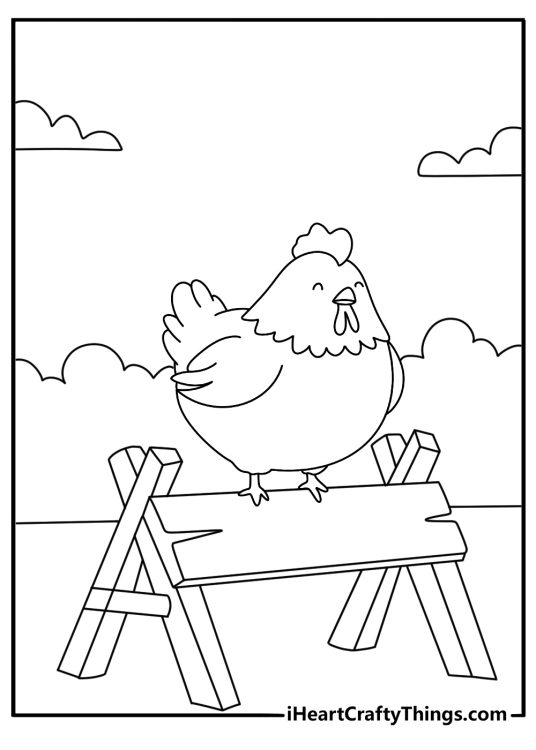 Chicken coloring page showing a hen perched on wooden roost bar