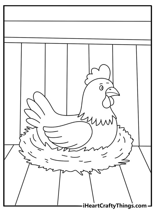 Chicken coloring page with hen resting on a nest inside wooden coop