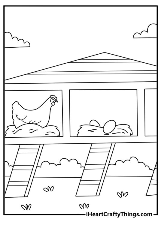 Chicken coop coloring page with ladder roost and small nesting boxes