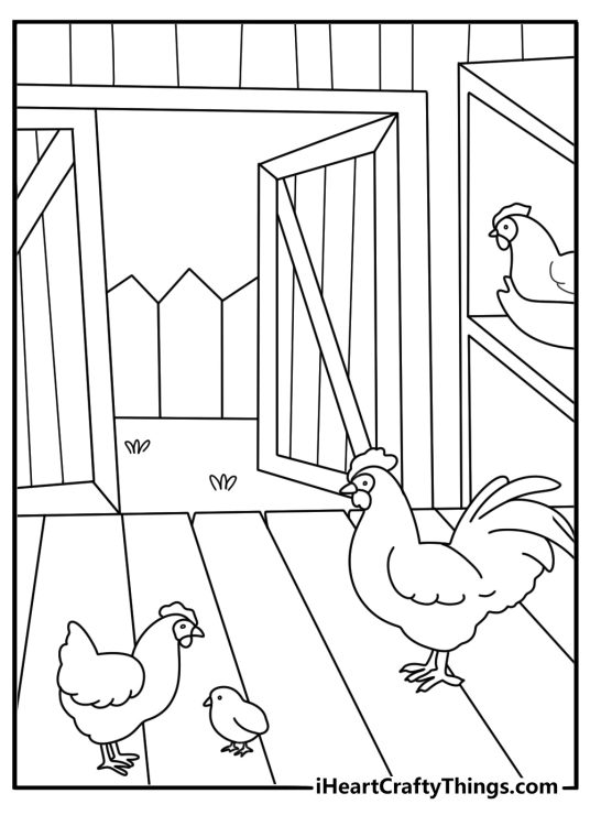 Chicken in a barn coloring page for kids