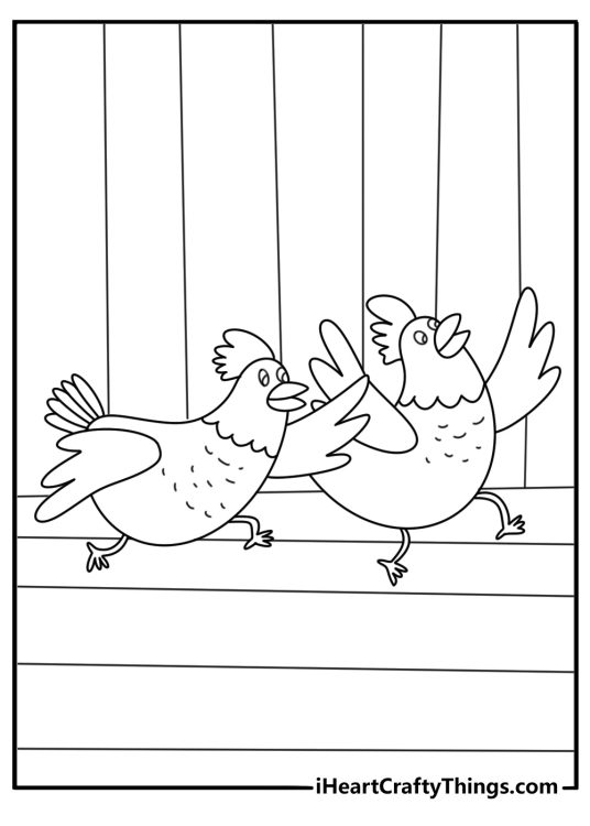 Chicken run coloring page with hens racing along wooden farm path