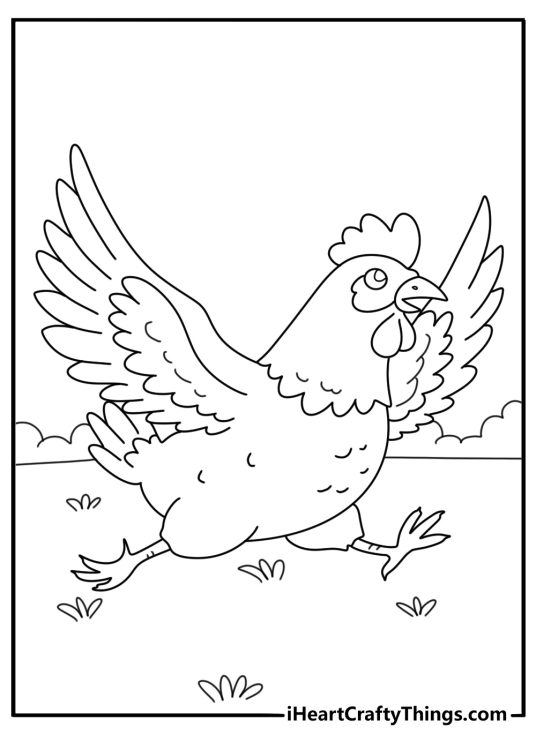 Chicken running in the field detailed coloring sheet