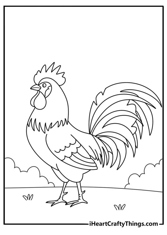 Chicken themed picture to print and color featuring side view of a ferocious looking rooster