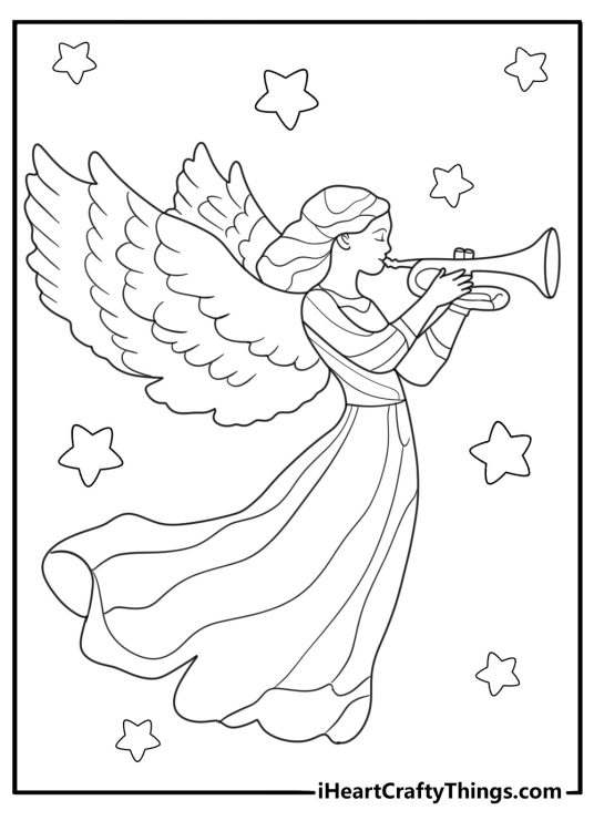 Christmas angel with trumpet flying above snowy clouds coloring page