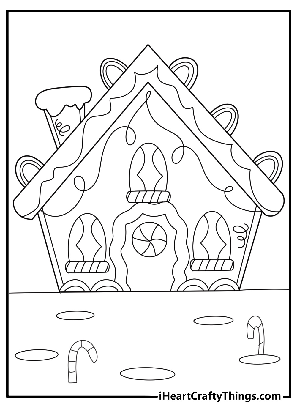 Christmas candy house with chimney and gumdrops fun coloring sheet