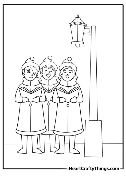 Christmas carolers standing by a lantern simple coloring sheet