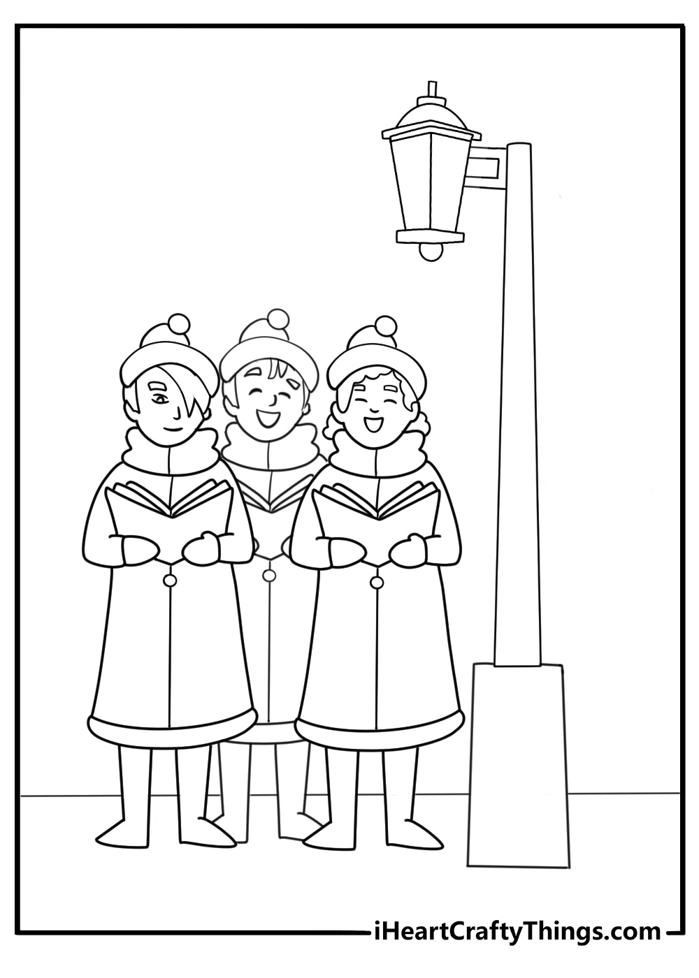 Christmas carolers standing by a lantern simple coloring sheet