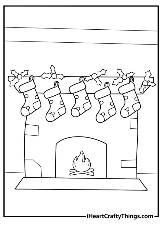 Christmas fireplace with stockings and garland easy coloring page