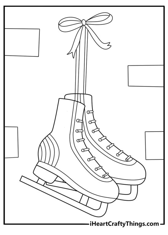 Christmas ice skates with bows hanging on a wall coloring page