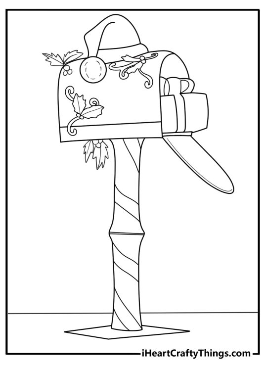 Christmas mailbox decorated with wreath and letters coloring sheet