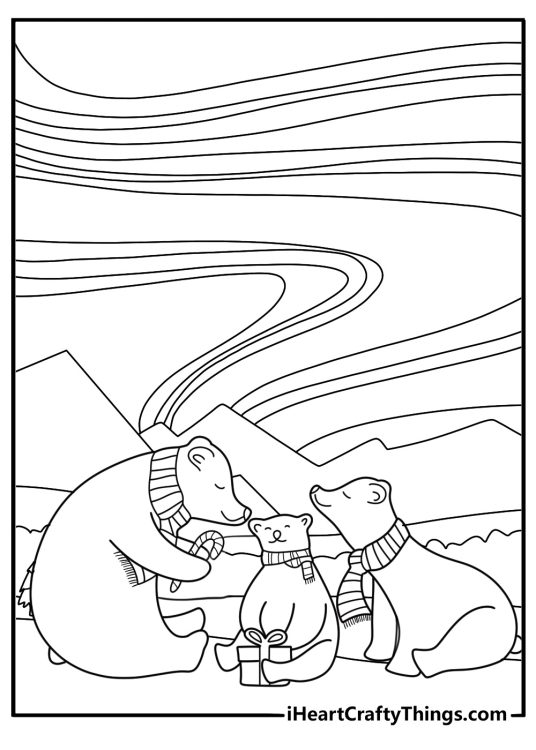 Christmas polar bear family under northern lights coloring page