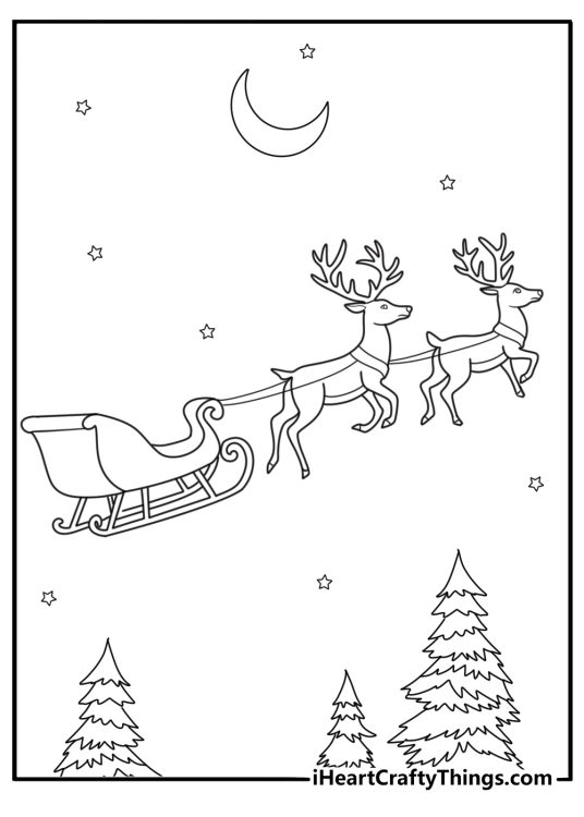 Christmas reindeer pulling sleigh through the night sky coloring page