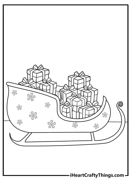 Christmas sleigh filled with wrapped presents detailed coloring page