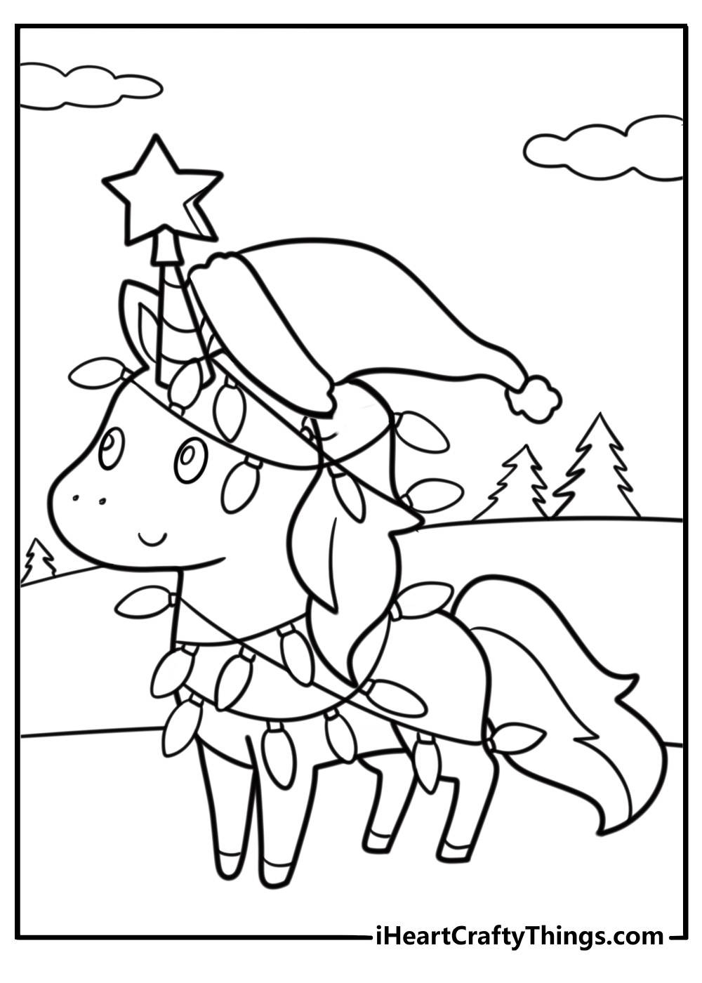 Christmas unicorn coloring page wearing a Santa hat
