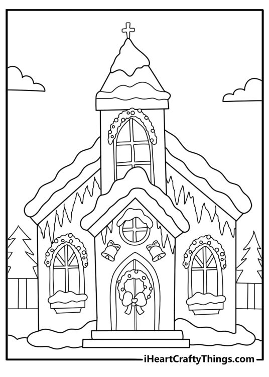 Christmas village church with snowy roof coloring page