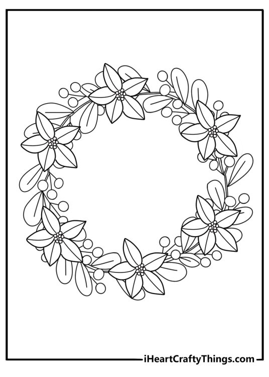 Christmas wreath with poinsettia flowers detailed coloring page