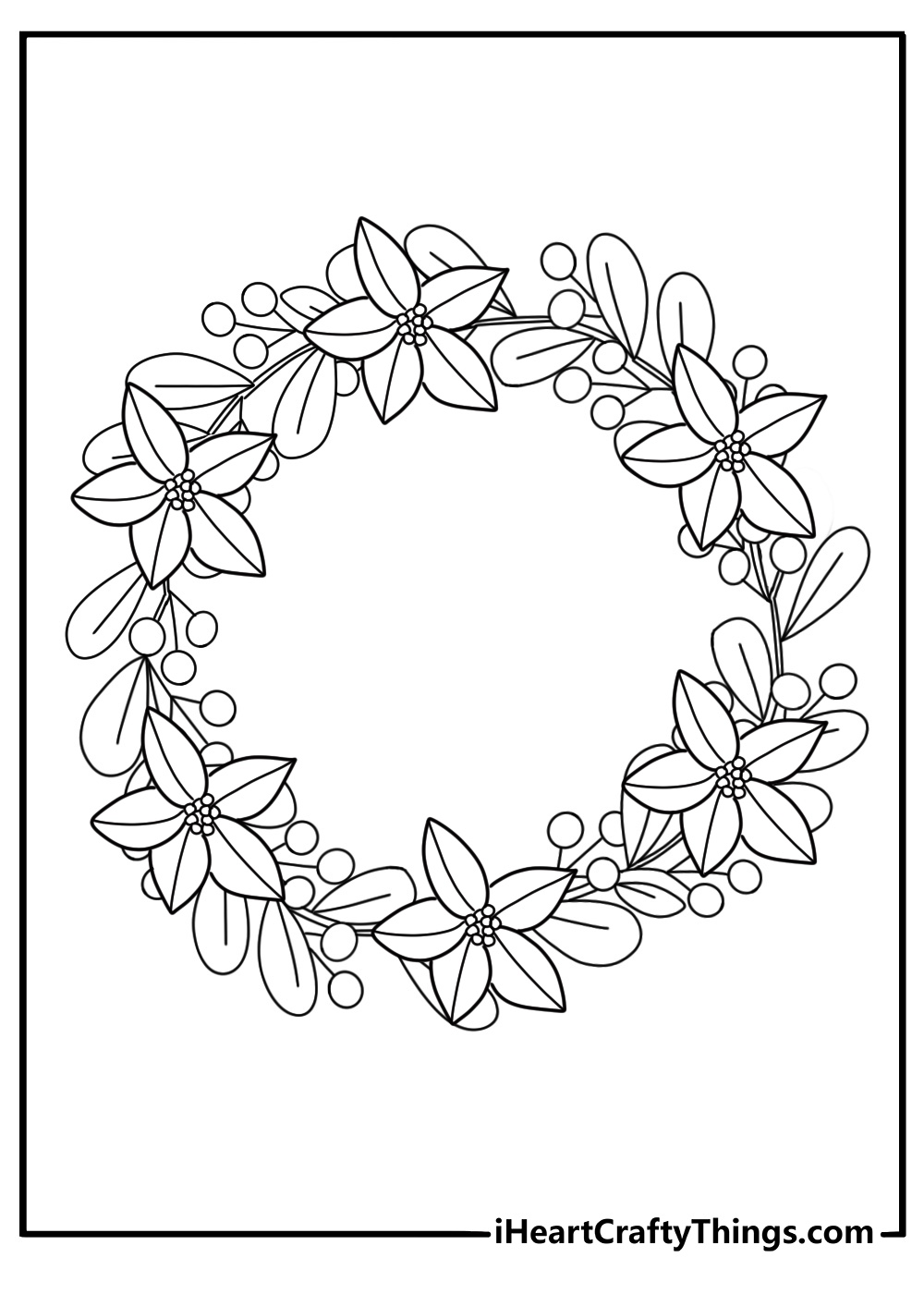 Christmas wreath with poinsettia flowers detailed coloring page