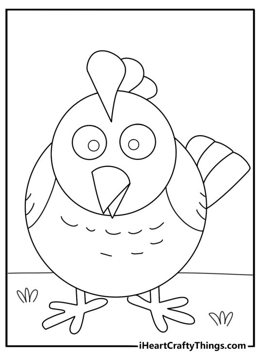 Coloring image featuring an adorable little chicken with round body and big round eyes