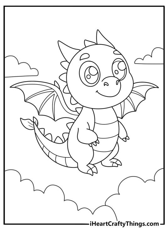 Coloring page for children capturing adorable little dragon with wings among the clouds