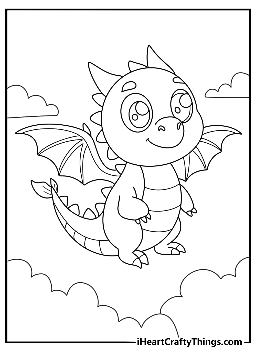 Coloring page for children capturing adorable little dragon with wings among the clouds