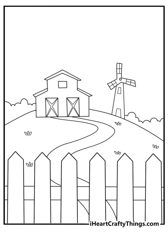 Coloring page for letter f with a farm barn and fence