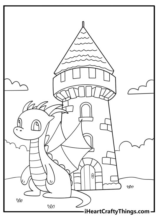 Coloring page for pre schoolers presenting little dragon posing on a hill in front of a castle
