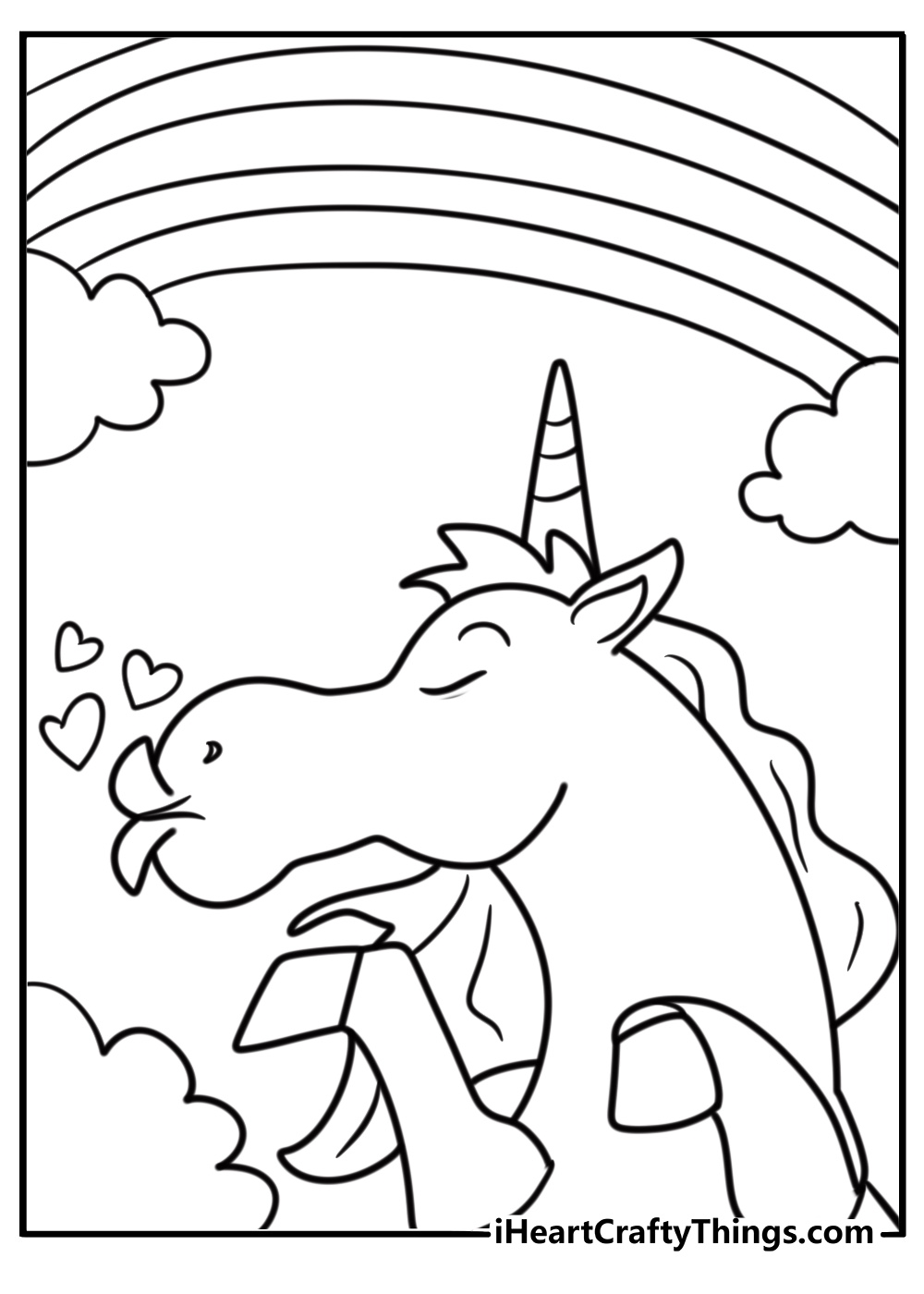 Coloring page of a unicorn blowing heart-shaped kisses