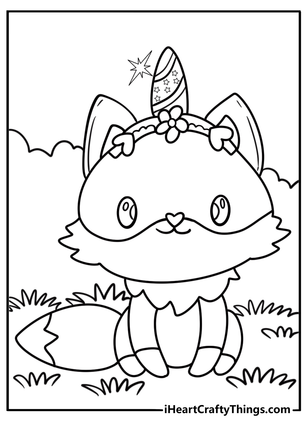 Coloring page of a unicorn fox with a shiny horn