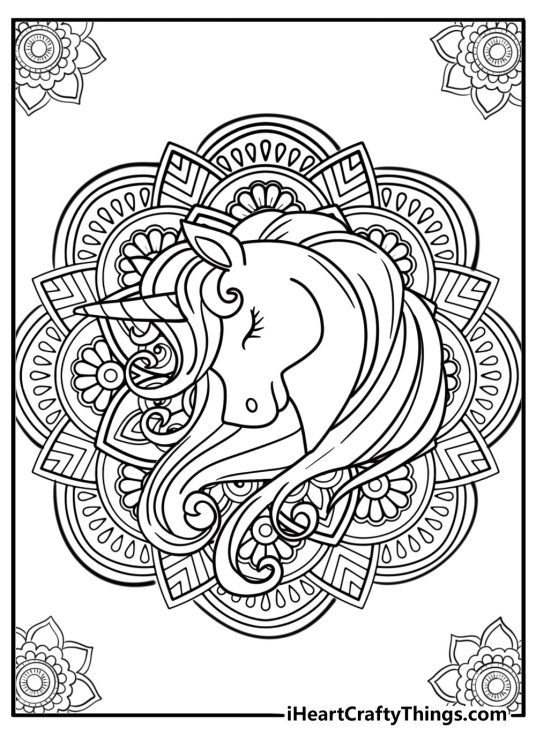Coloring page of a unicorn with a mandala background