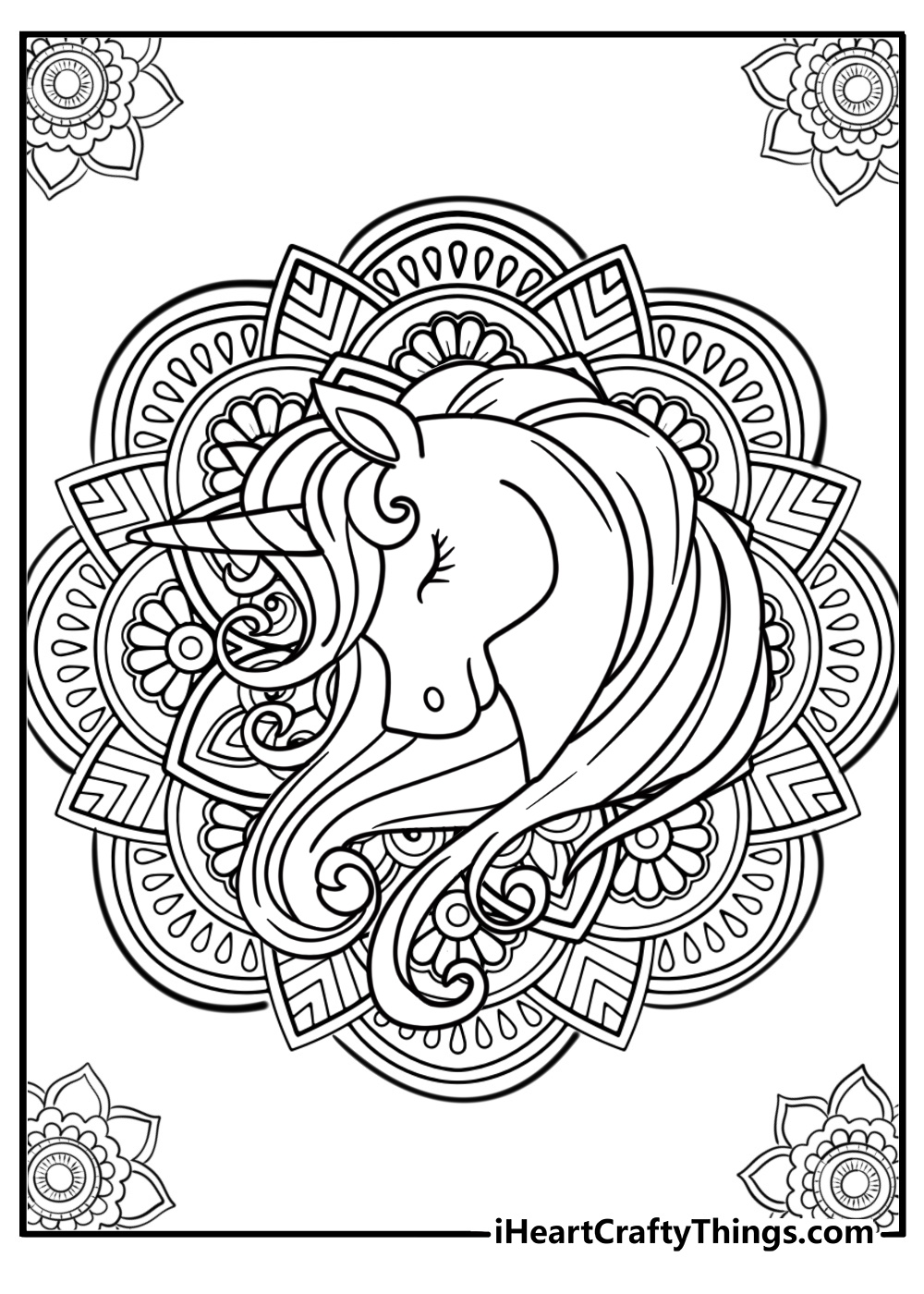 Coloring page of a unicorn with a mandala background