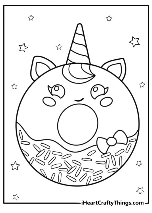 Coloring page of a unicorn with donut-themed decorations
