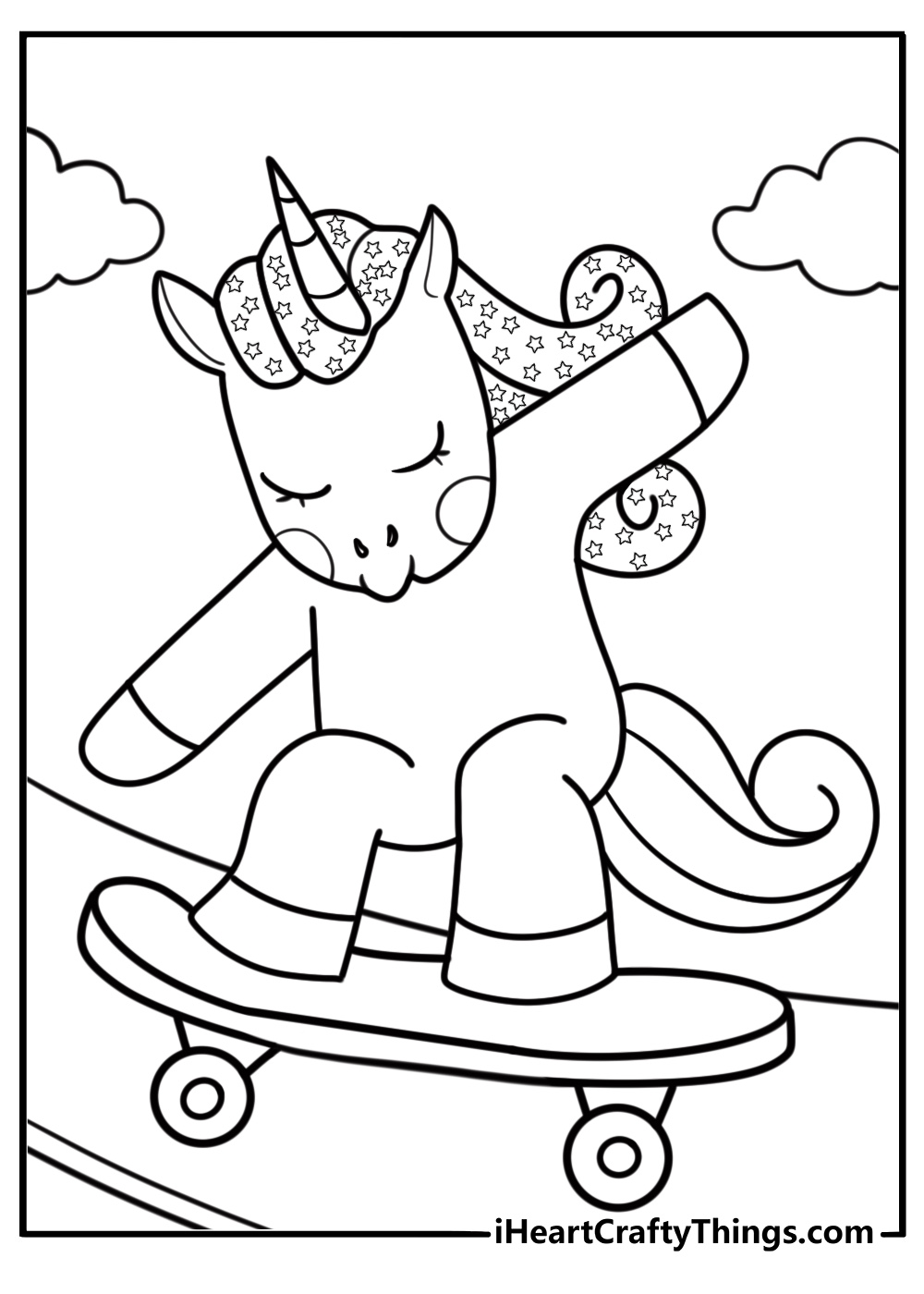Coloring page of unicorn riding a skateboard