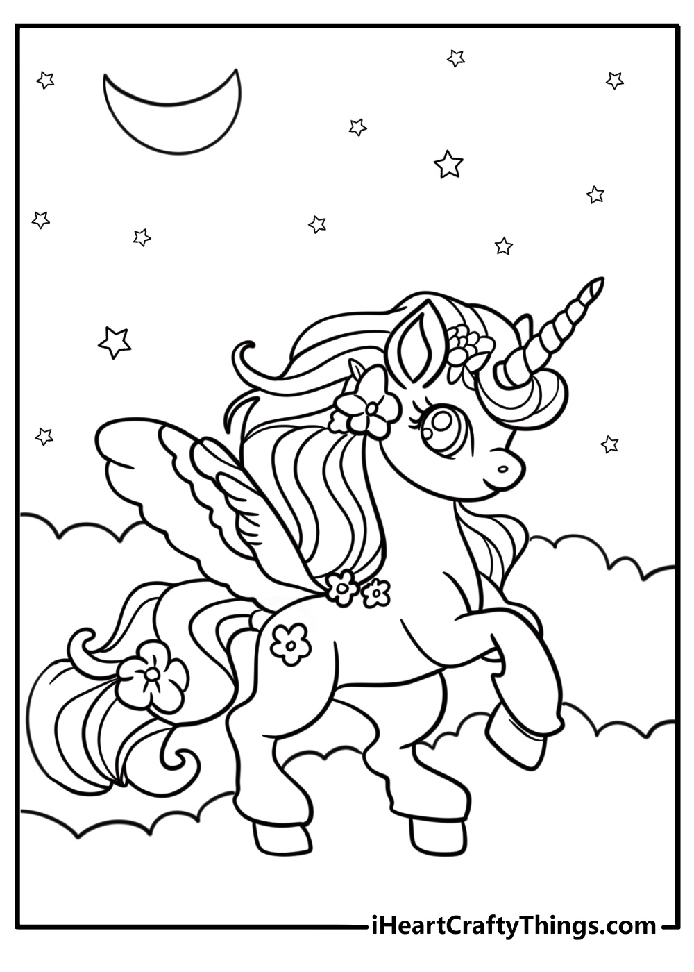 Coloring page of unicorn with moon and night sky