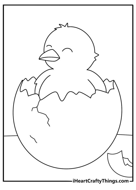 Coloring picture for pre schoolers presenting baby chicken hatching from the egg
