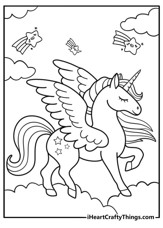 Coloring sheet featuring rainbow unicorn and shooting stars