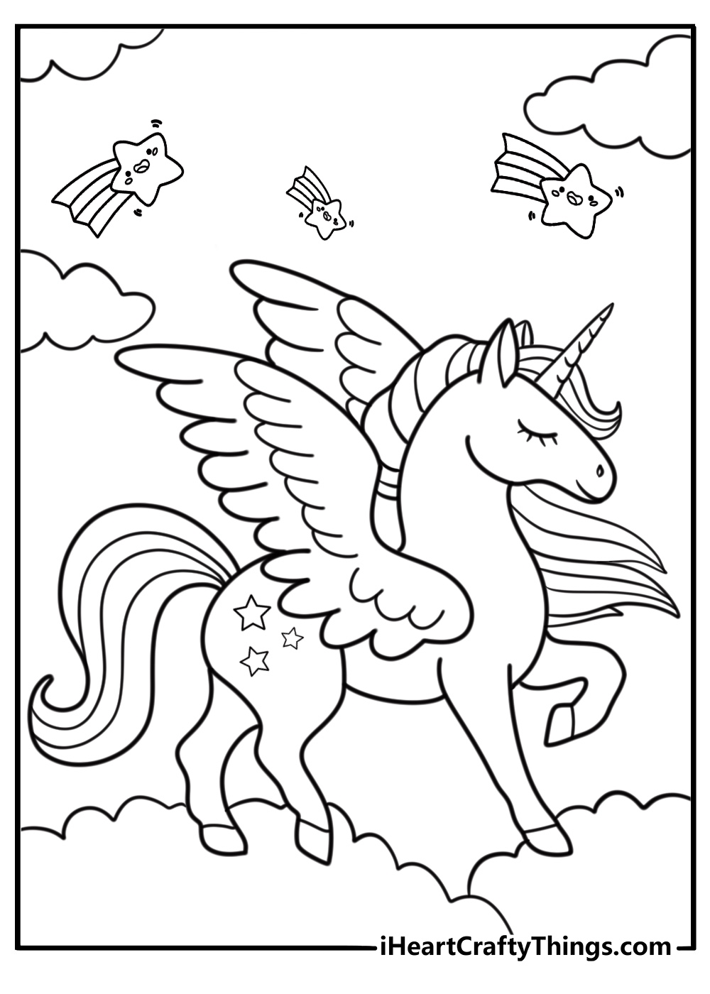 Coloring sheet featuring rainbow unicorn and shooting stars