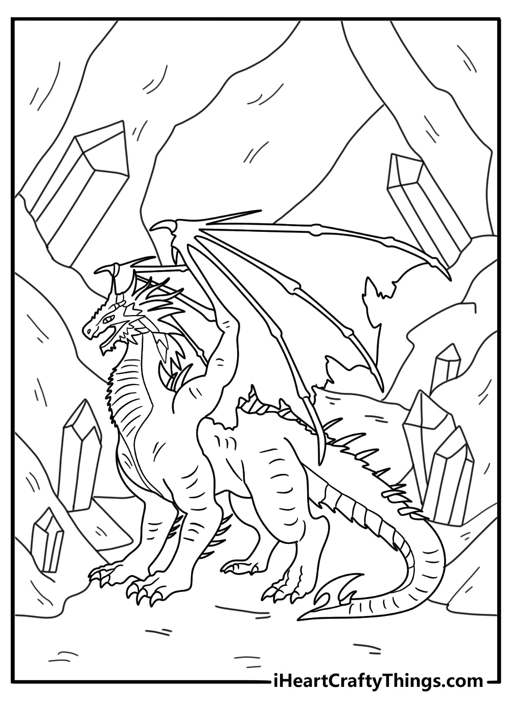 Crystal cave dragon guarding glowing crystals detailed coloring sheet